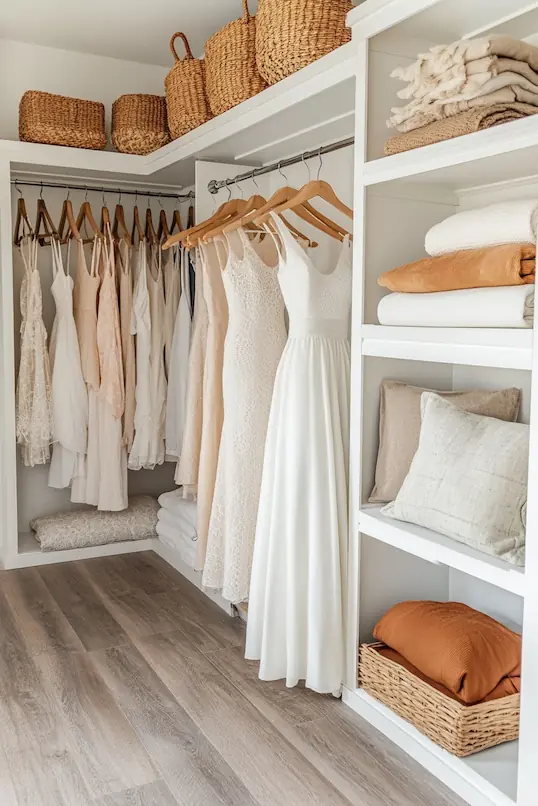 Rochii albe și crem atârnate într-un dressing luminos