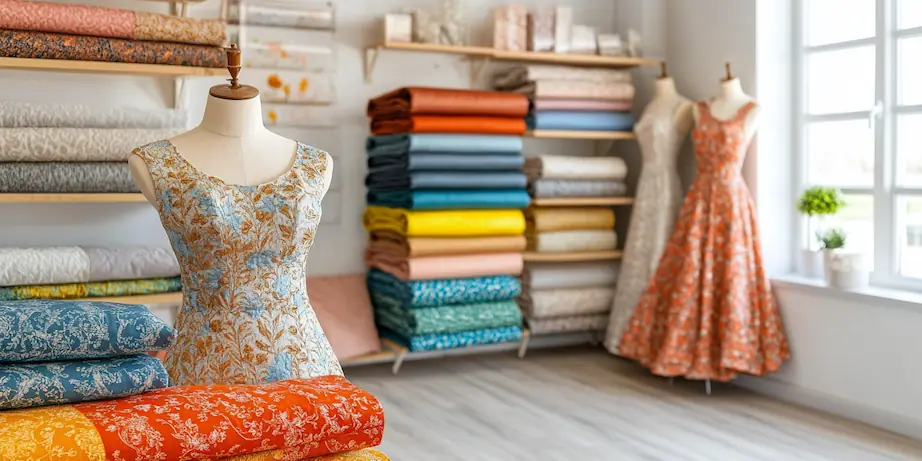 Rochie pe manechin și role de materiale colorate pe rafturi